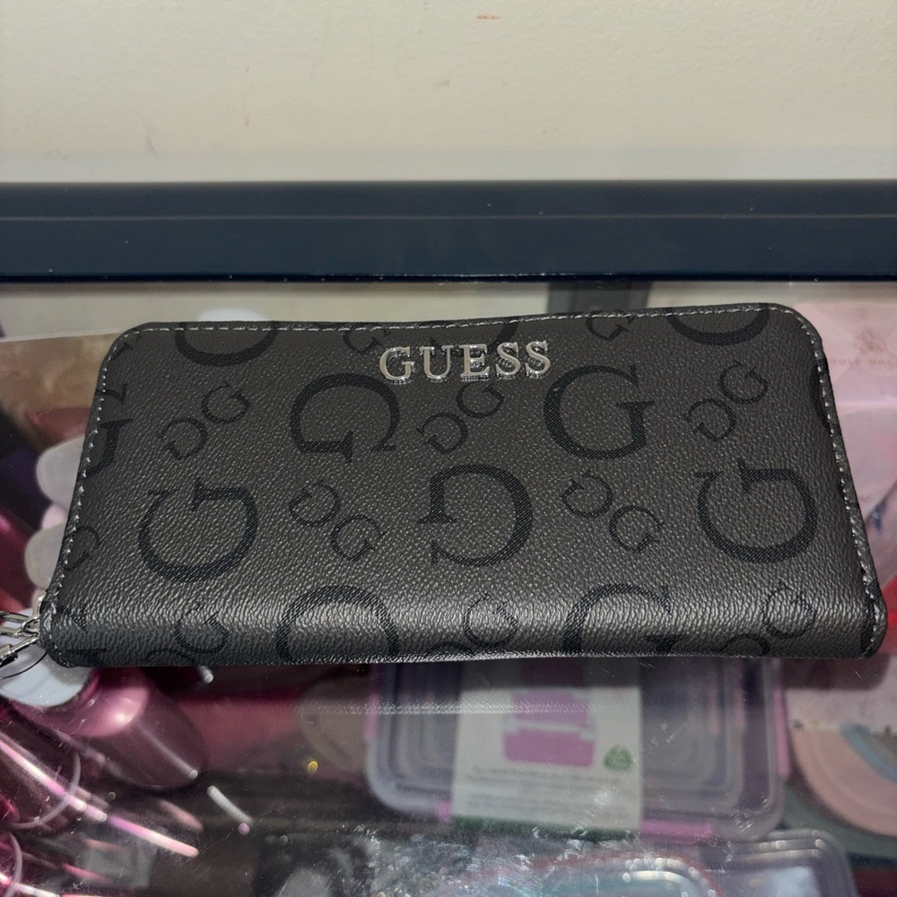 Guess Black Logo Zip-Around Wallet with Silver Hardware
